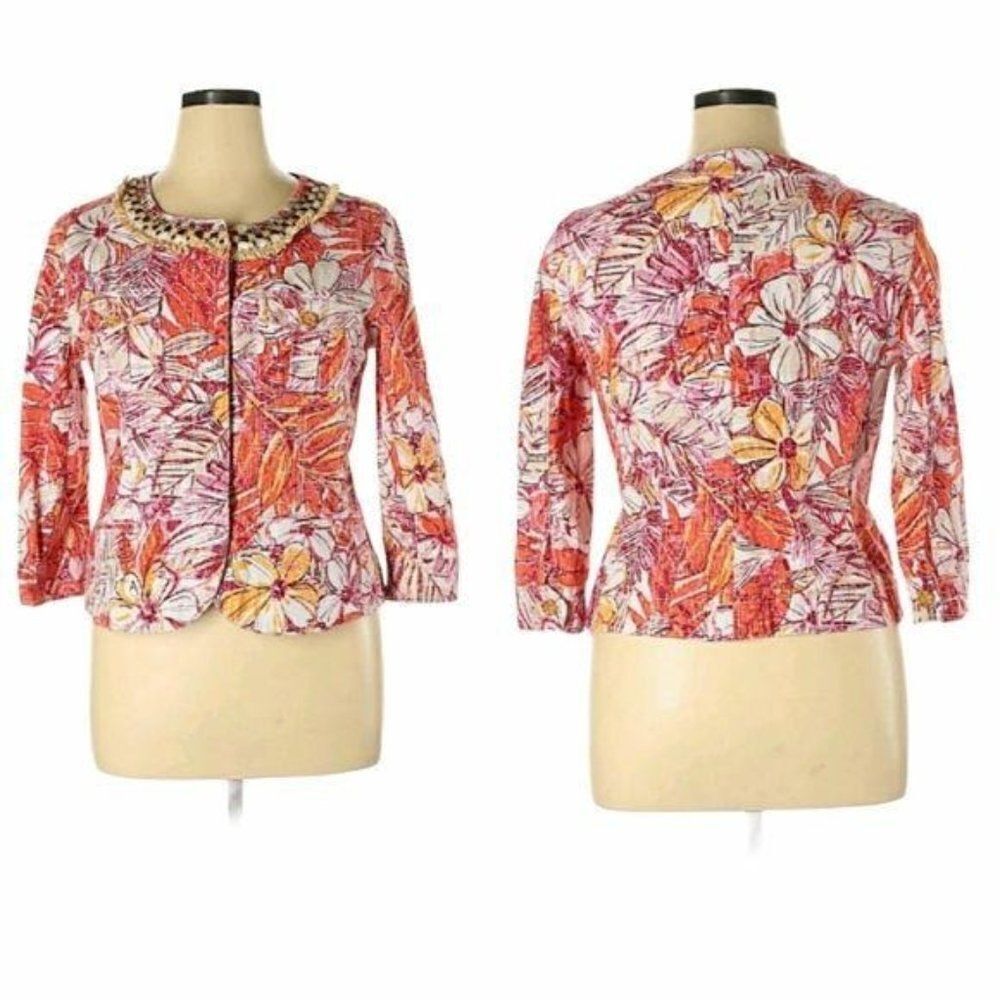 Ruby Rd Art To Wear Tropical Hawaiian Tribal‎ Collar Crackle Floral Blazer Sz 14